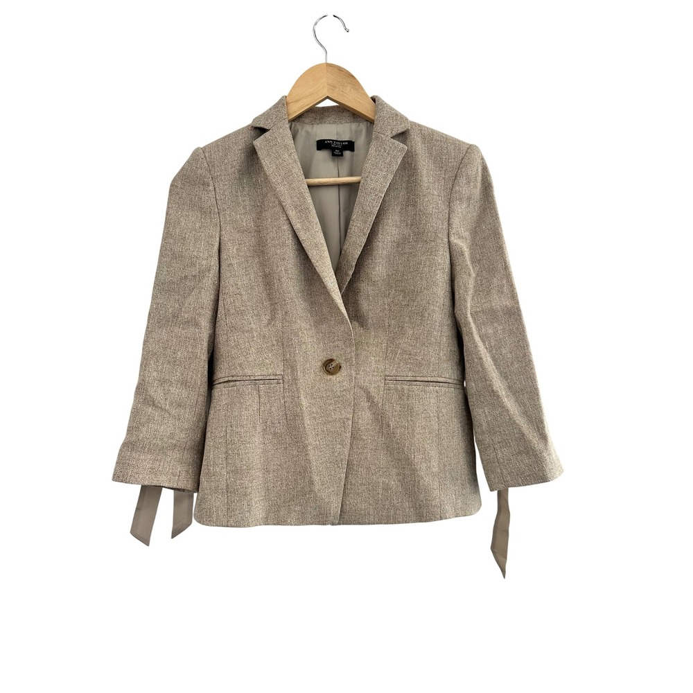Ann Taylor Linen Blend Blazer Tan Bow Sleeve 4P Jacket Preppy Workwear
